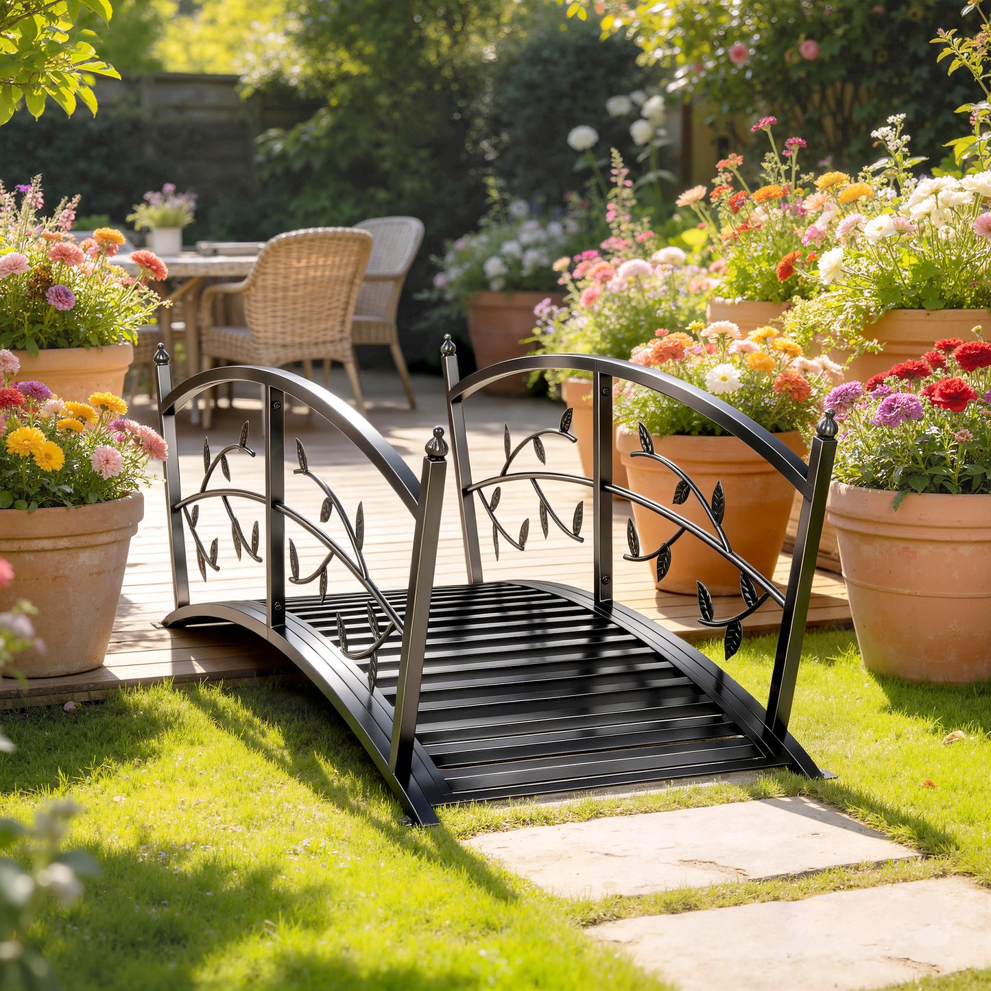 1.2M Metal Garden Bridge with Safety Railings, Outdoor Pond Bridge