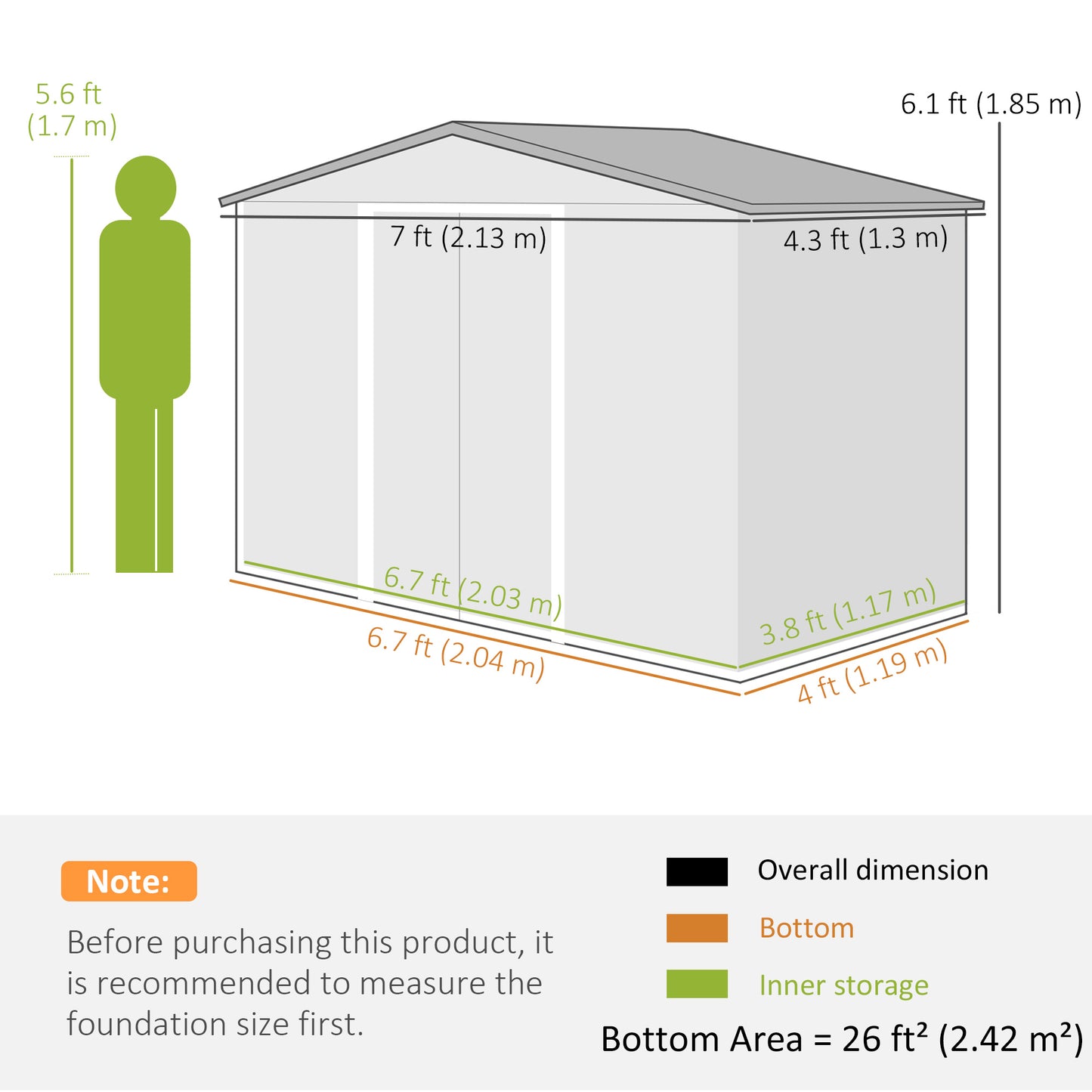 7 x 4ft Garden Shed Storage w/ Foundation Kit, Vents, Light Grey