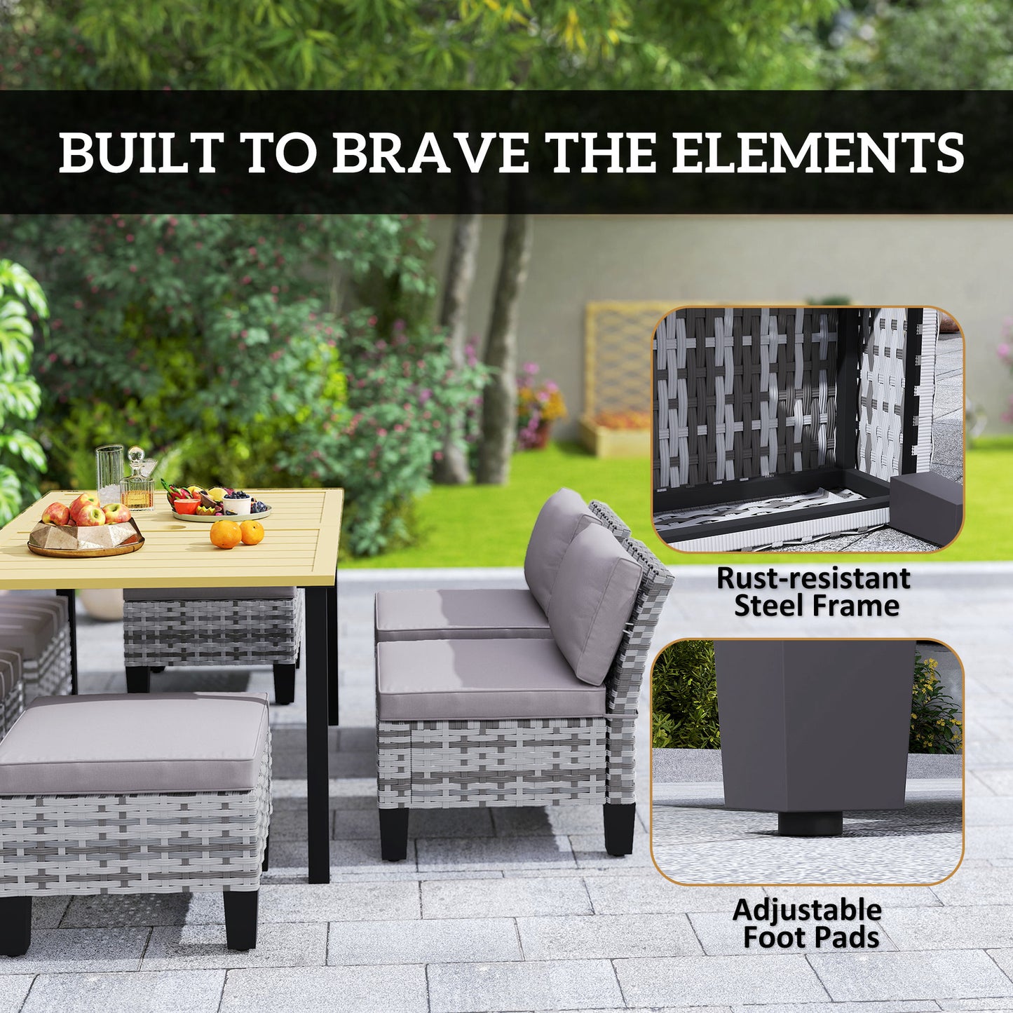 7 PCS Rattan Garden Dining Set with Cushions, Umbrella Hole, Grey