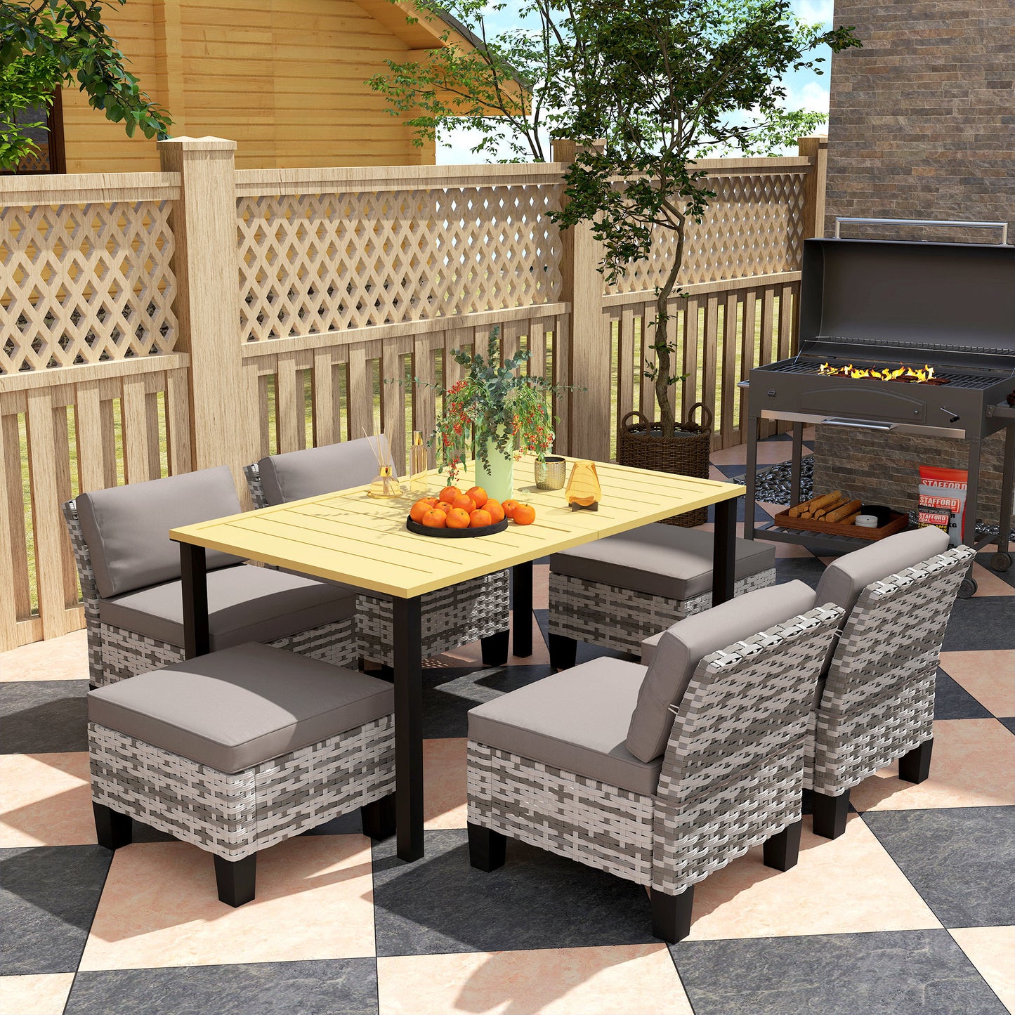 7 PCS Rattan Garden Dining Set with Cushions, Umbrella Hole, Grey