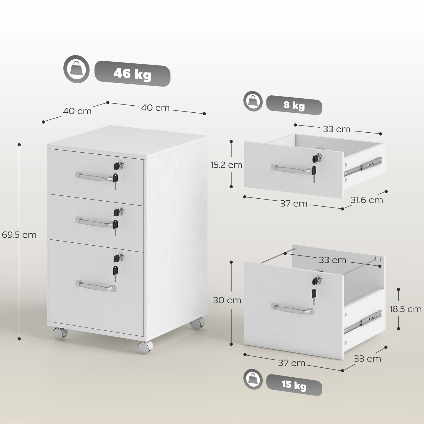 3 Drawer File Cabinet Rolling Filing Cabinet for A4 and Letter White