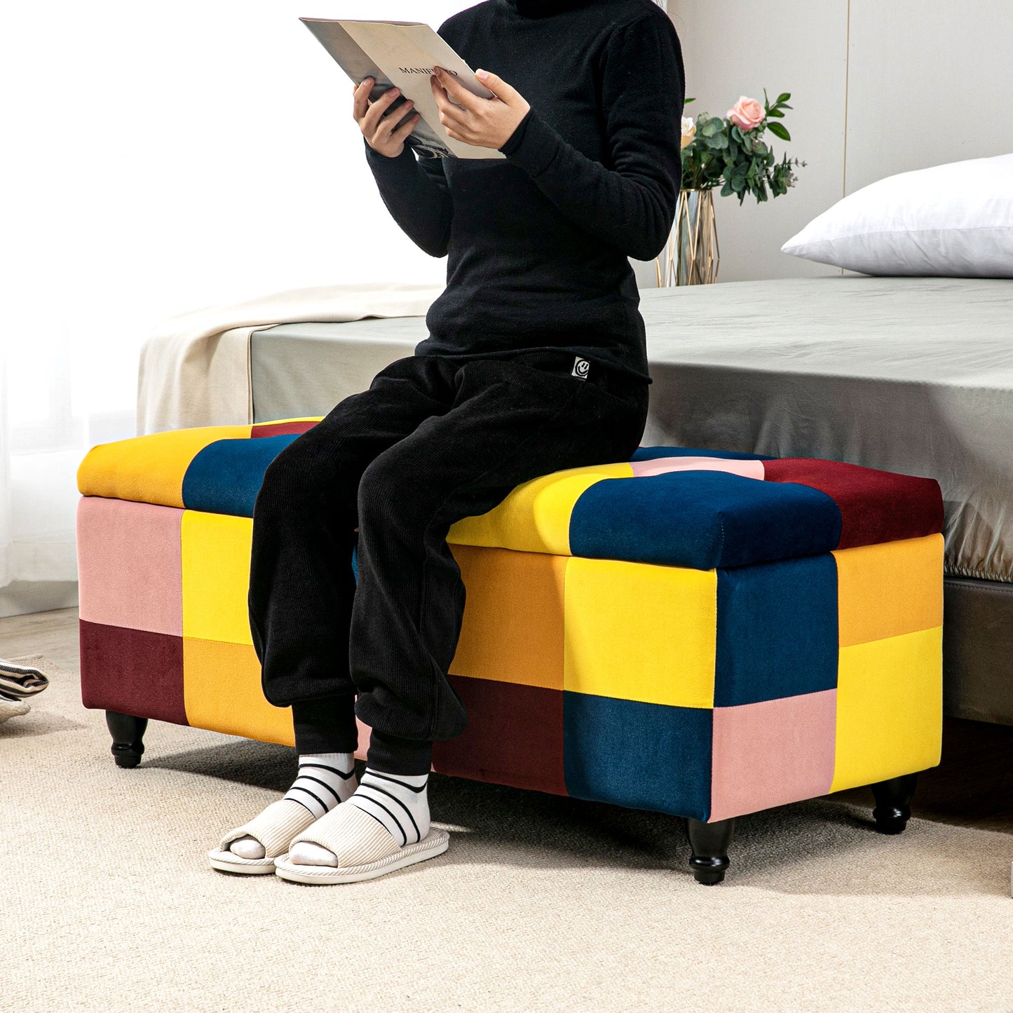 Velvet Storage Ottoman, Button-tufted Footstool Box, Toy Chest with Lid for Living Room, Bedroom, Multicoloured