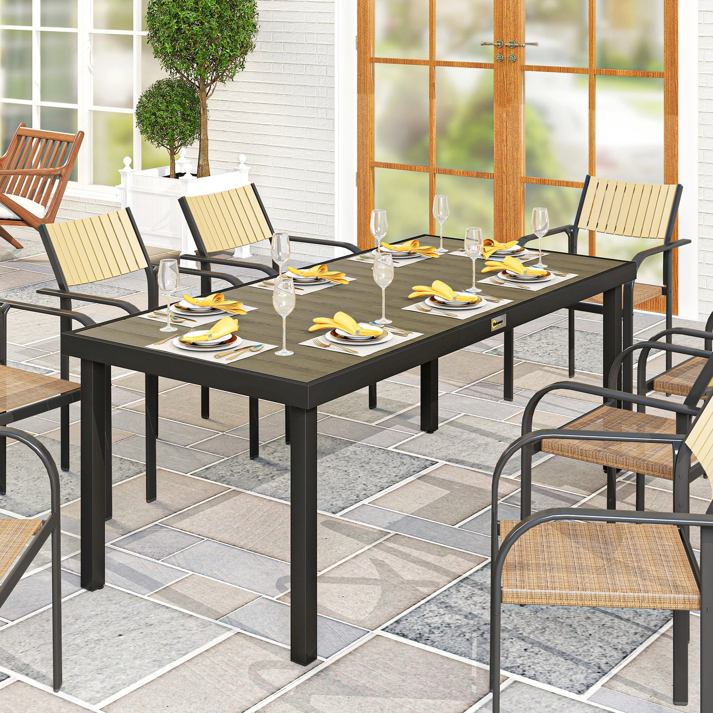 Garden Dining Table for 8, Aluminium Frame for Patio, Brown