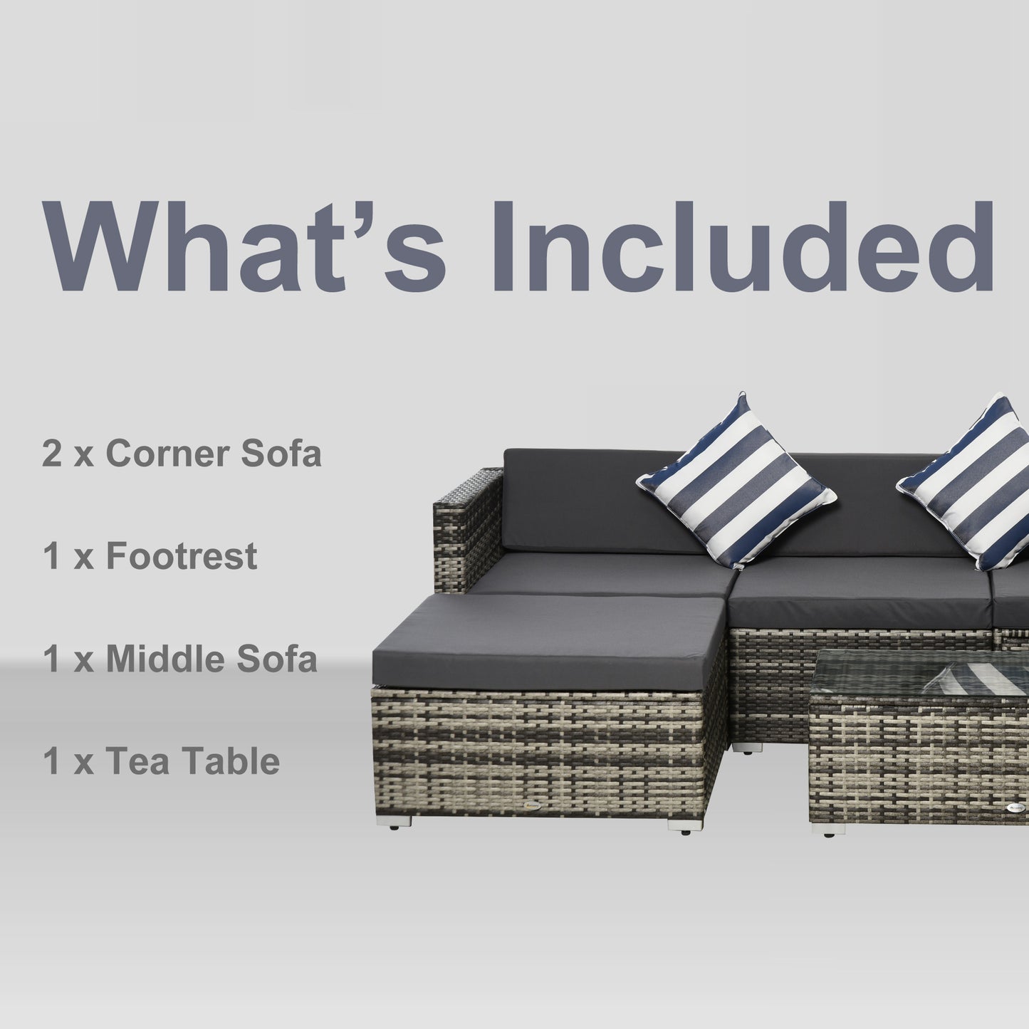 4-Seater Garden Rattan Furniture Set, Outdoor Sectional Conversation PE Rattan Set, with Cushions Pillows and Glass Table, Mixed Grey