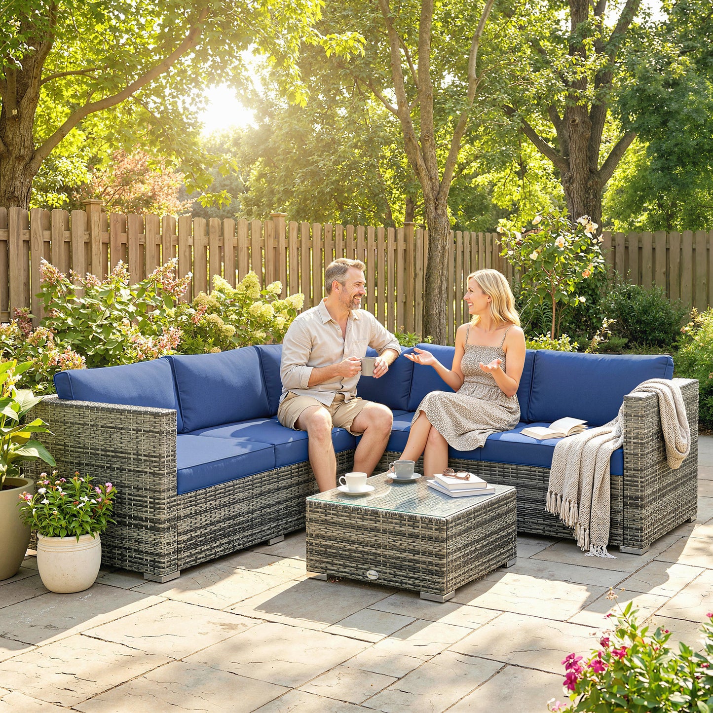 4 Pieces Rattan Garden Furniture Sofa Set with Coffee Table Blue