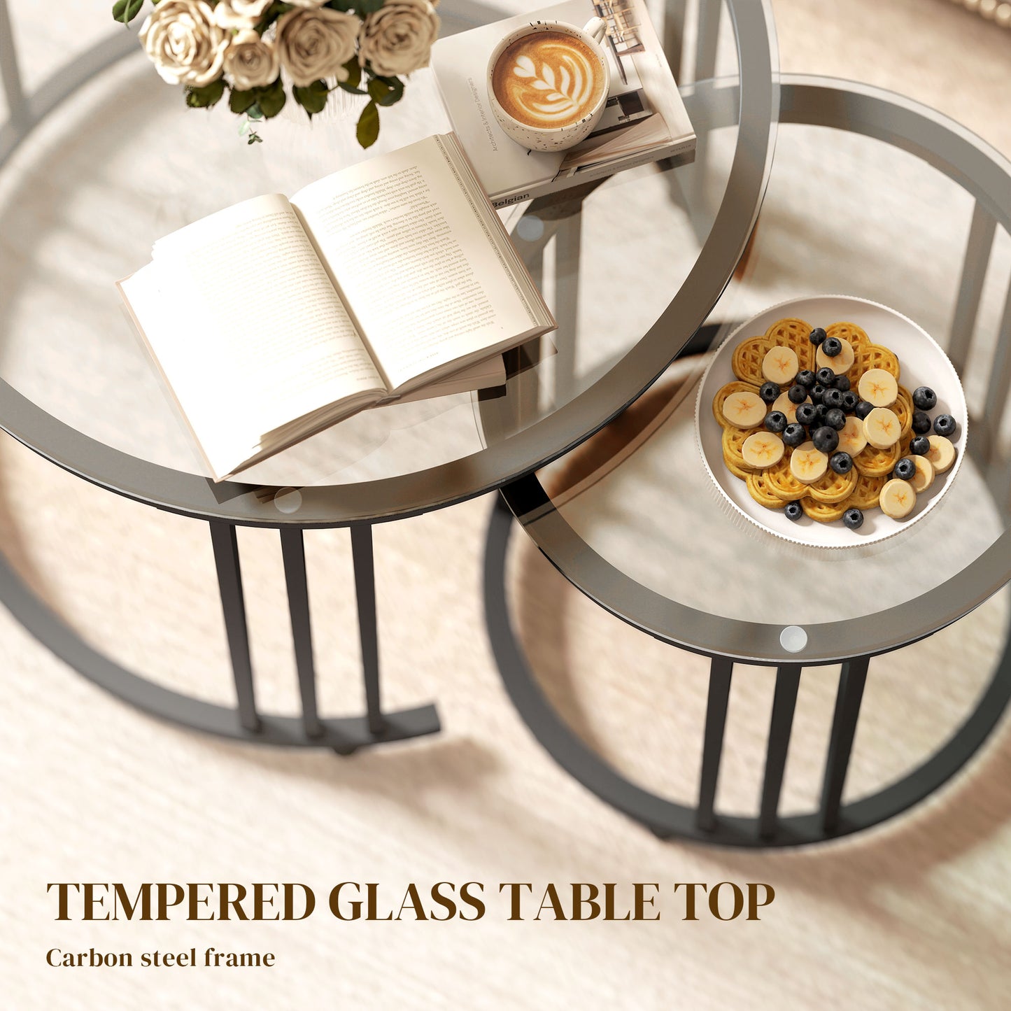 2 Pieces Round Nesting Coffee Tables with Tempered Glass Top, Black
