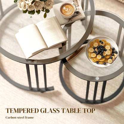 2 Pieces Round Nesting Coffee Tables with Tempered Glass Top, Black