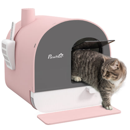 Cat Litter Box Kitten Litter Tray w/ Lid, Scoop, Filter, Flap Door, Pink