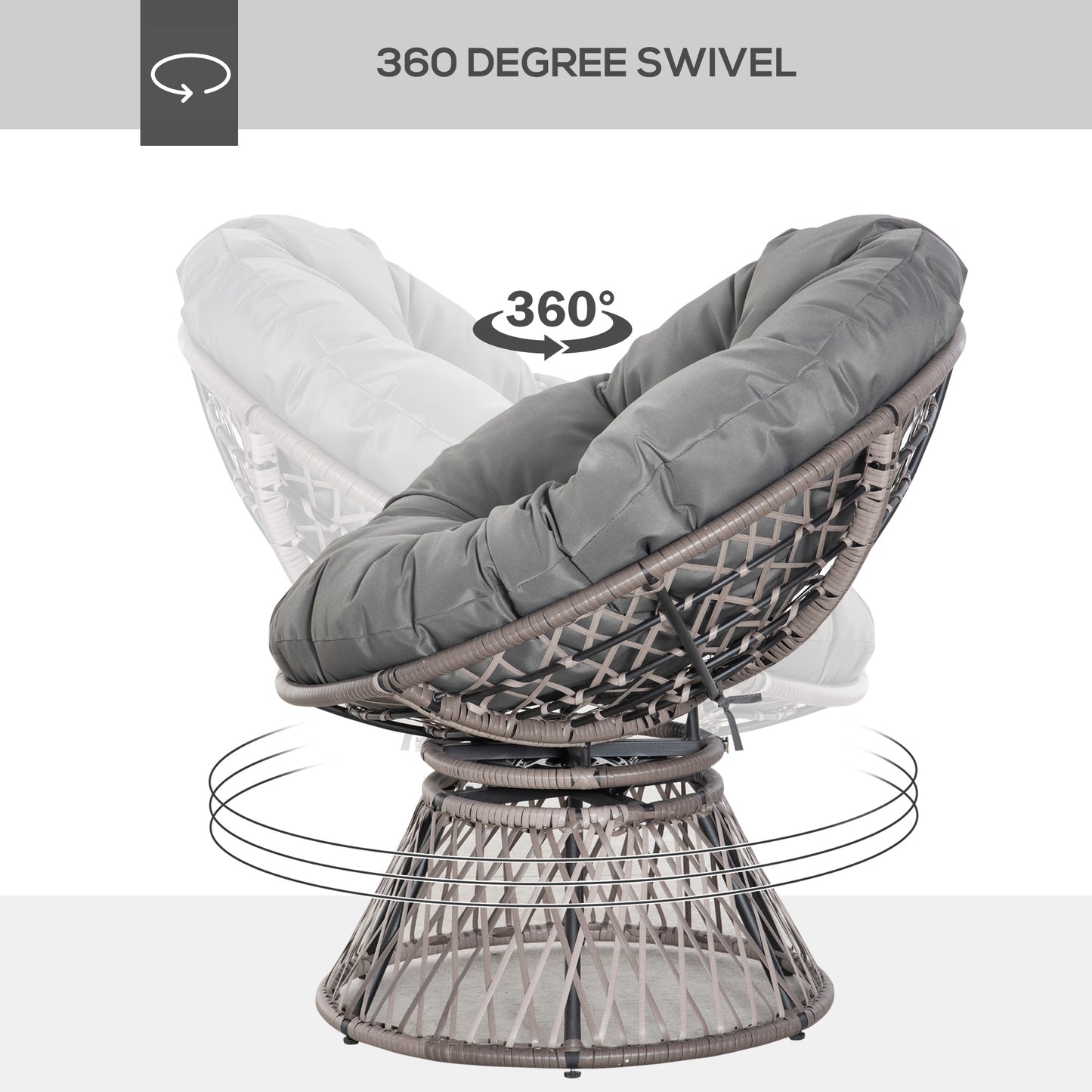 360° Swivel Rattan Papasan Moon Bowl Chair Round Lounge Garden Wicker Basket Seat with Padded Cushion Oversized for Outdoor Indoor, Grey