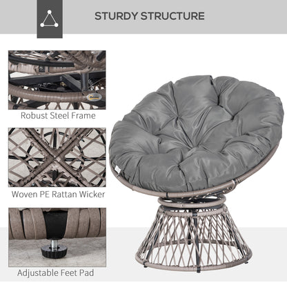 360° Swivel Rattan Papasan Moon Bowl Chair Round Lounge Garden Wicker Basket Seat with Padded Cushion Oversized for Outdoor Indoor, Grey