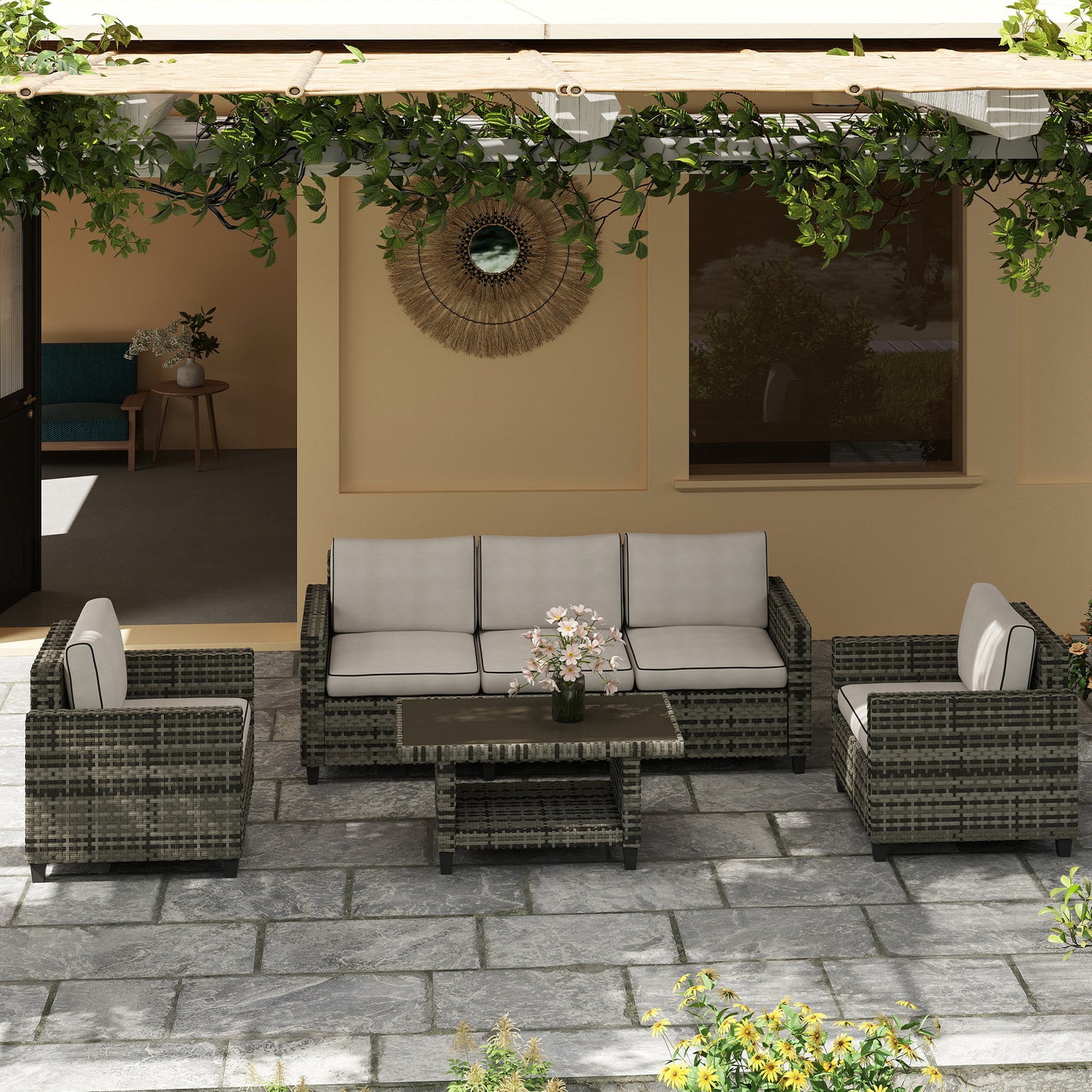 5 Seater Wicker Outdoor Furniture Set for Balcony, Light Grey