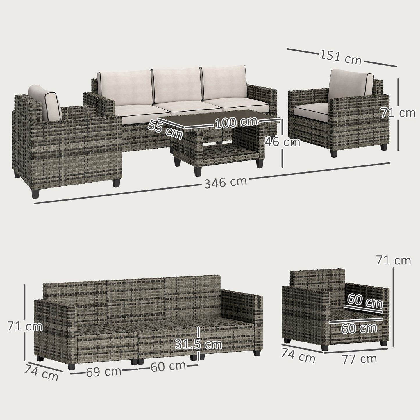 5 Seater Wicker Outdoor Furniture Set for Balcony, Light Grey