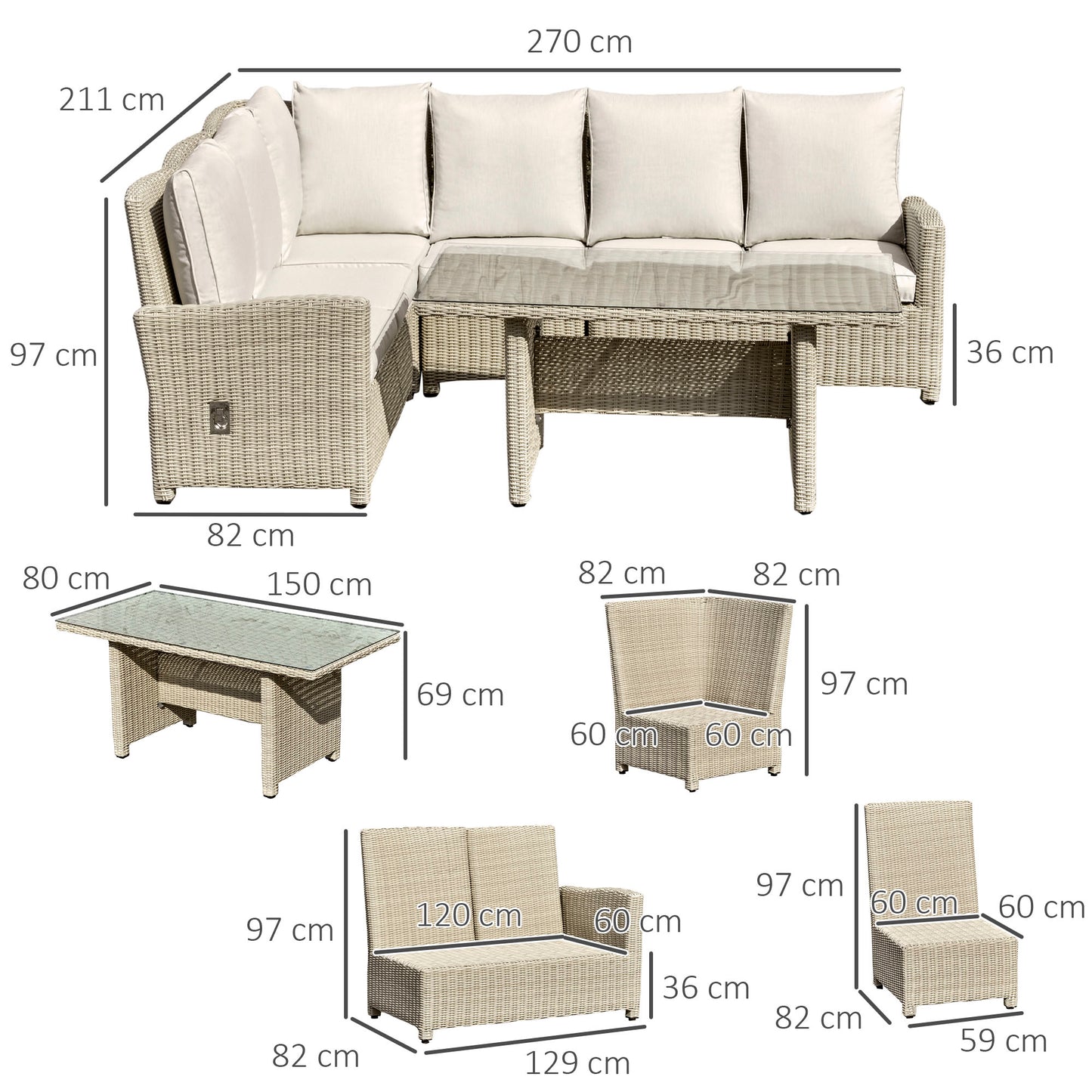 5 PCS Reclining PE Rattan Garden Dining Set Patio Outdoor Furniture