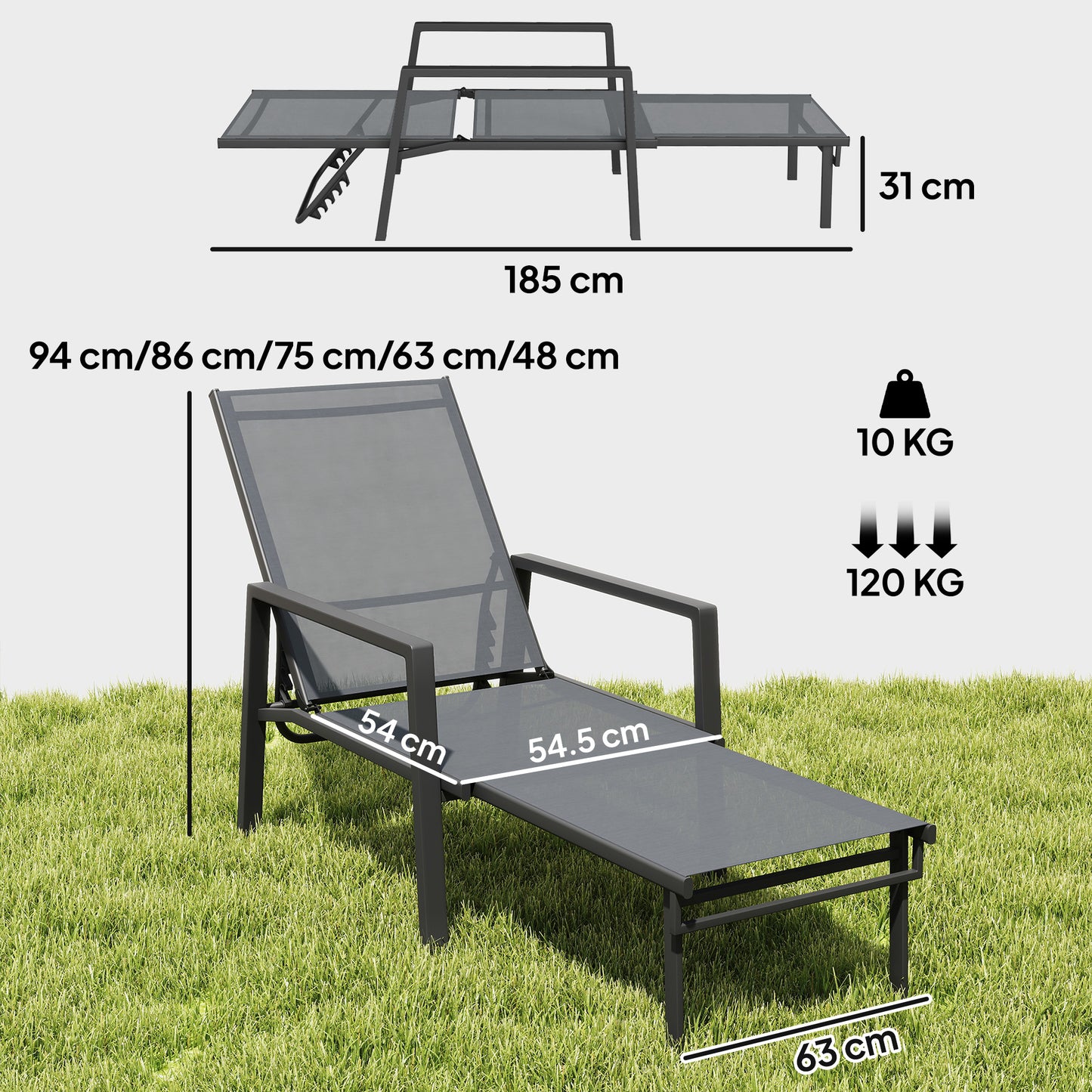 Sun Loungers Set of 2 w/ Retractable Footrest 5-Position Adjustable