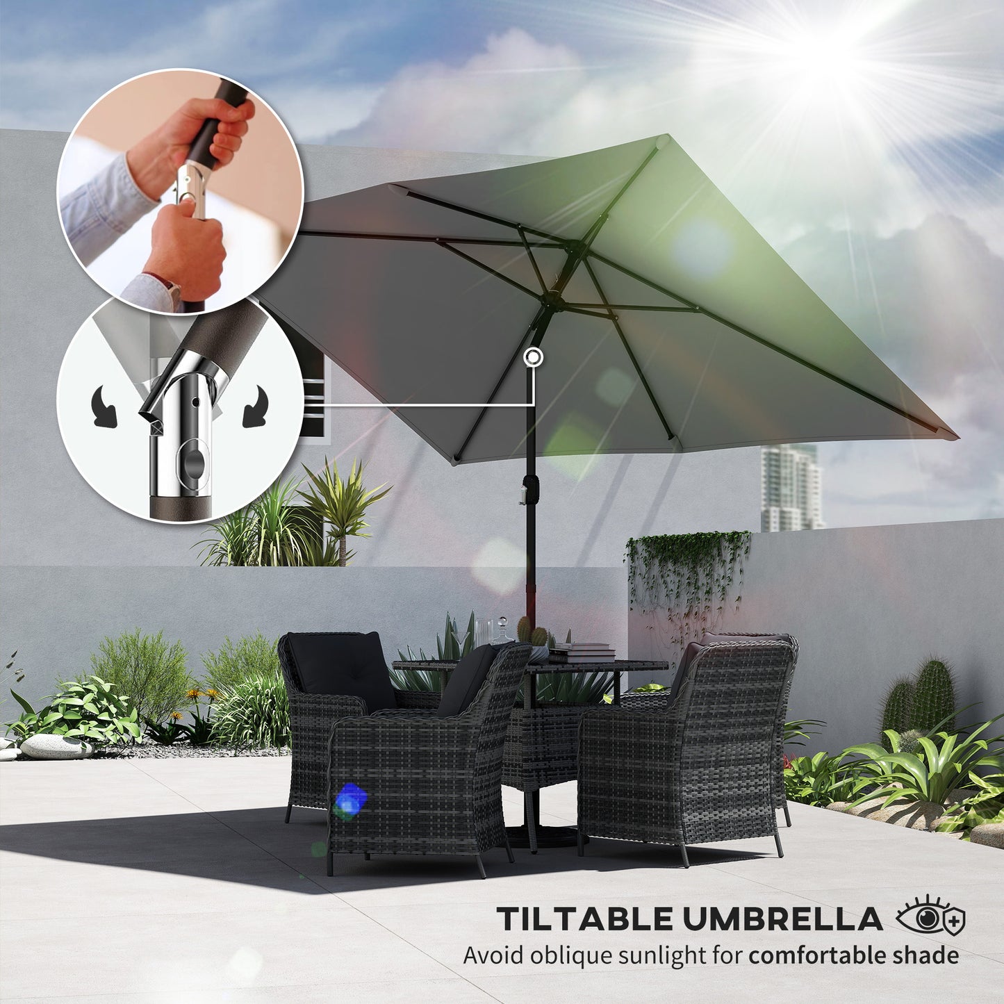 Garden Parasol, Outdoor Umbrella with Tilt Function, Light Grey