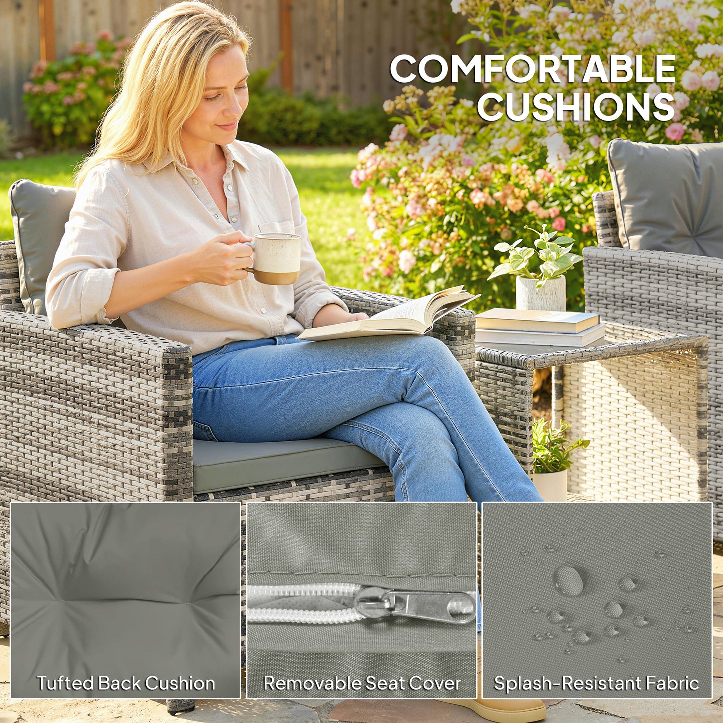 Rattan Garden Furniture Bistro Set with Cushion, Mixed Grey