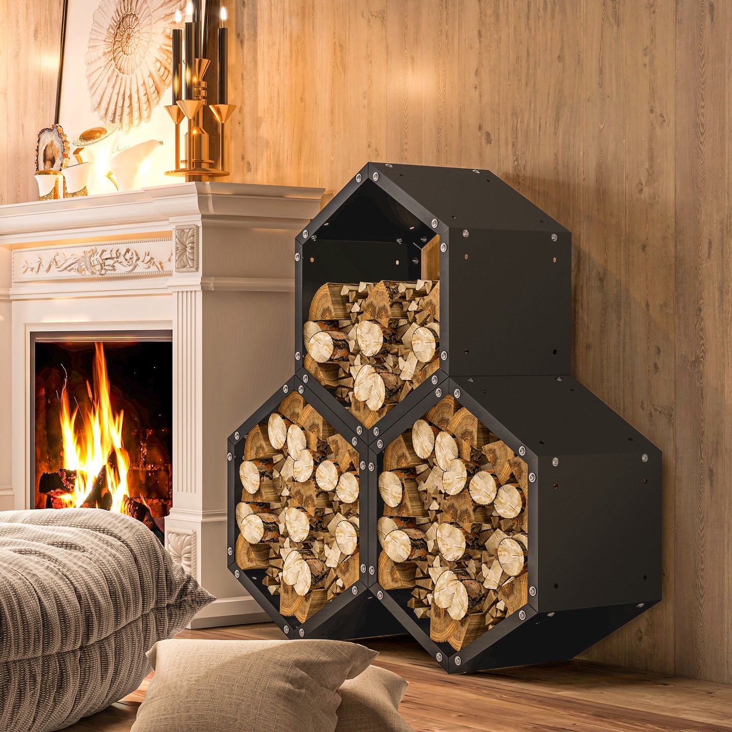 Steel Firewood Log Rack Fireplace Log Holder for Indoor Outdoor, Black
