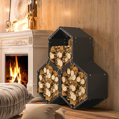 Steel Firewood Log Rack Fireplace Log Holder for Indoor Outdoor, Black