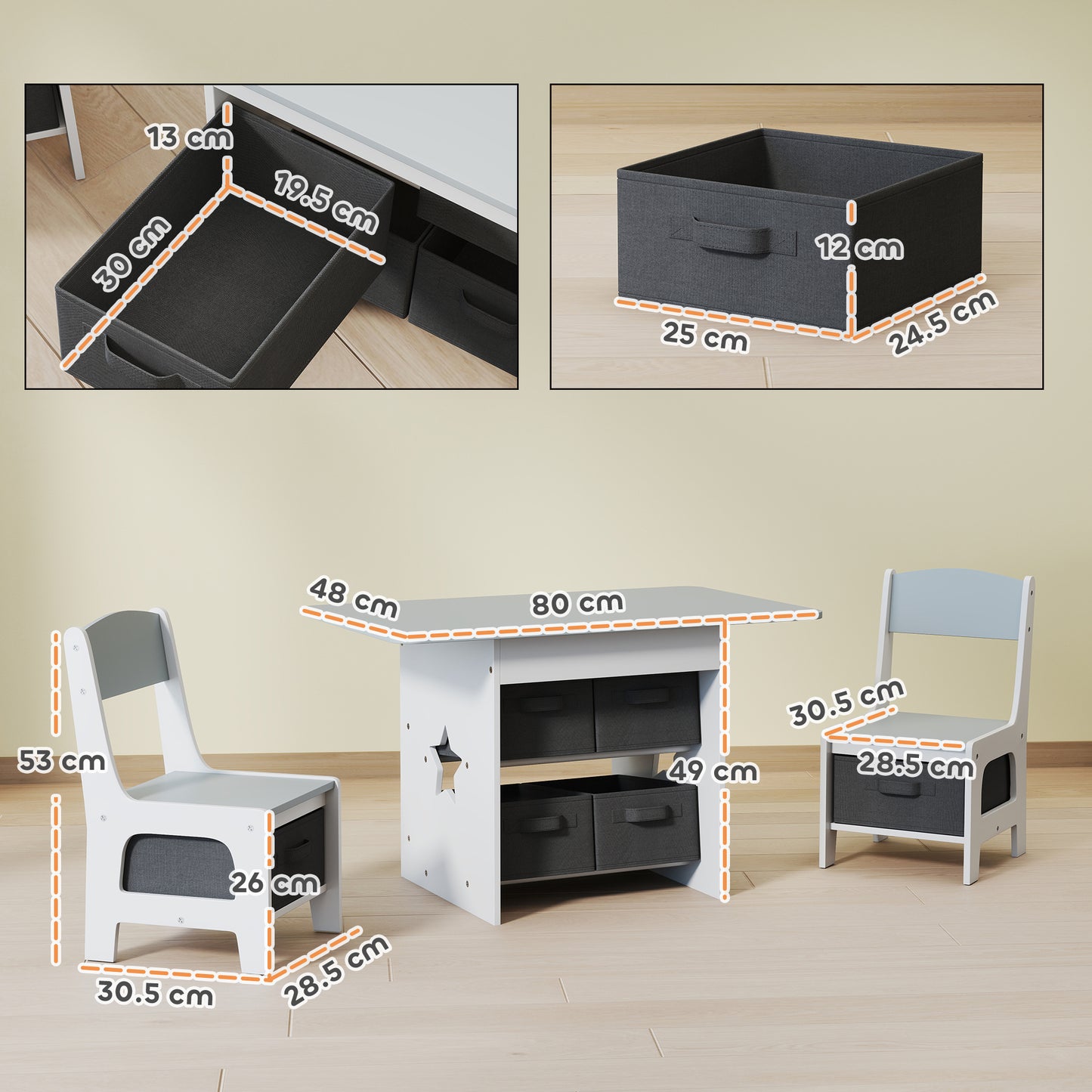 Kids Table and Chair Set with 6 Removable Drawers, Light Grey