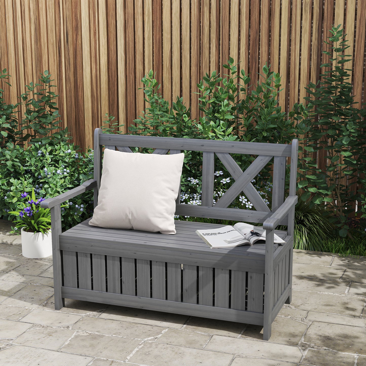 Wood Storage Garden Bench for Patio Outdoor Seating, Charcoal Grey