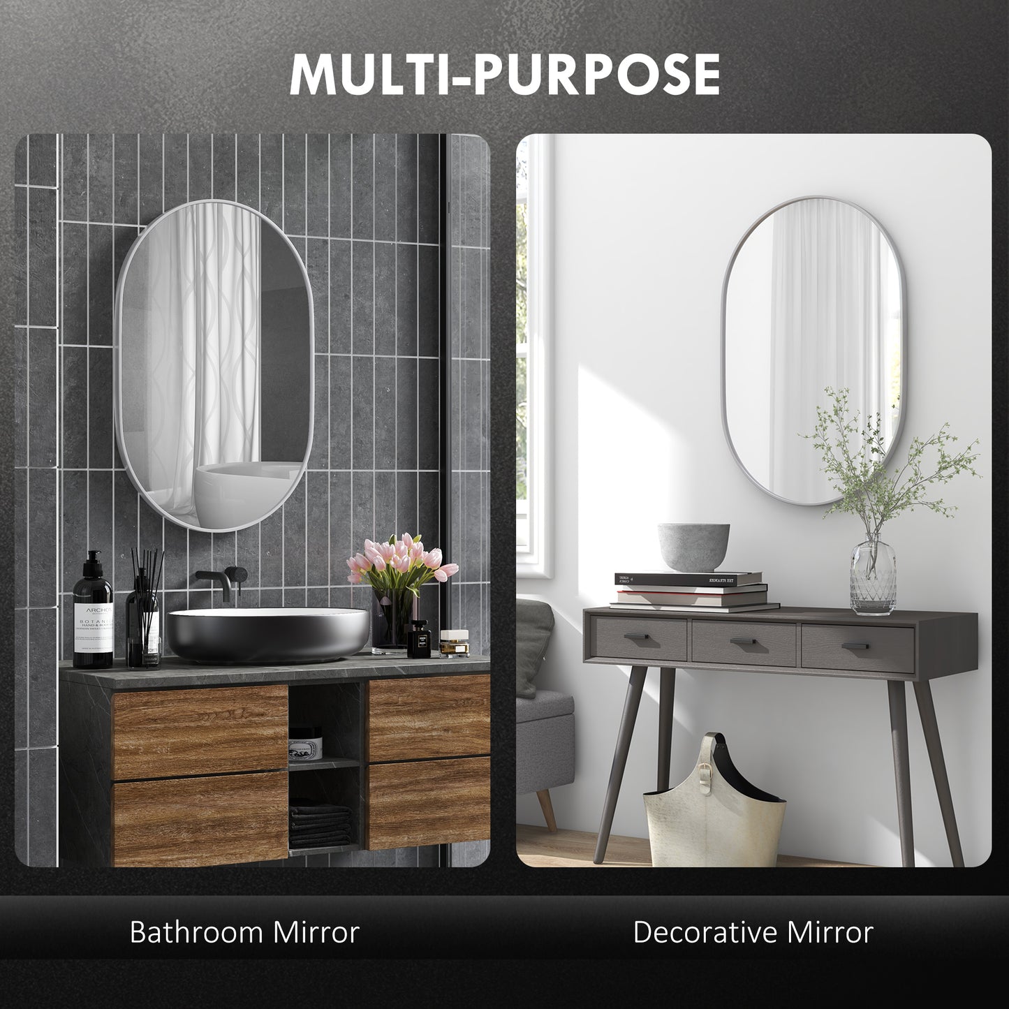 Oval Bathroom Mirror, Modern Wall Tempered Glass Mirror, 60 x 90cm
