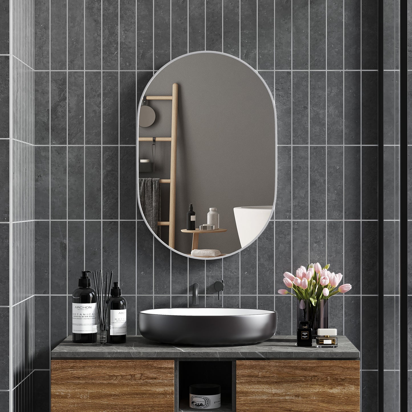 Oval Bathroom Mirror, Modern Wall Tempered Glass Mirror, 60 x 90cm