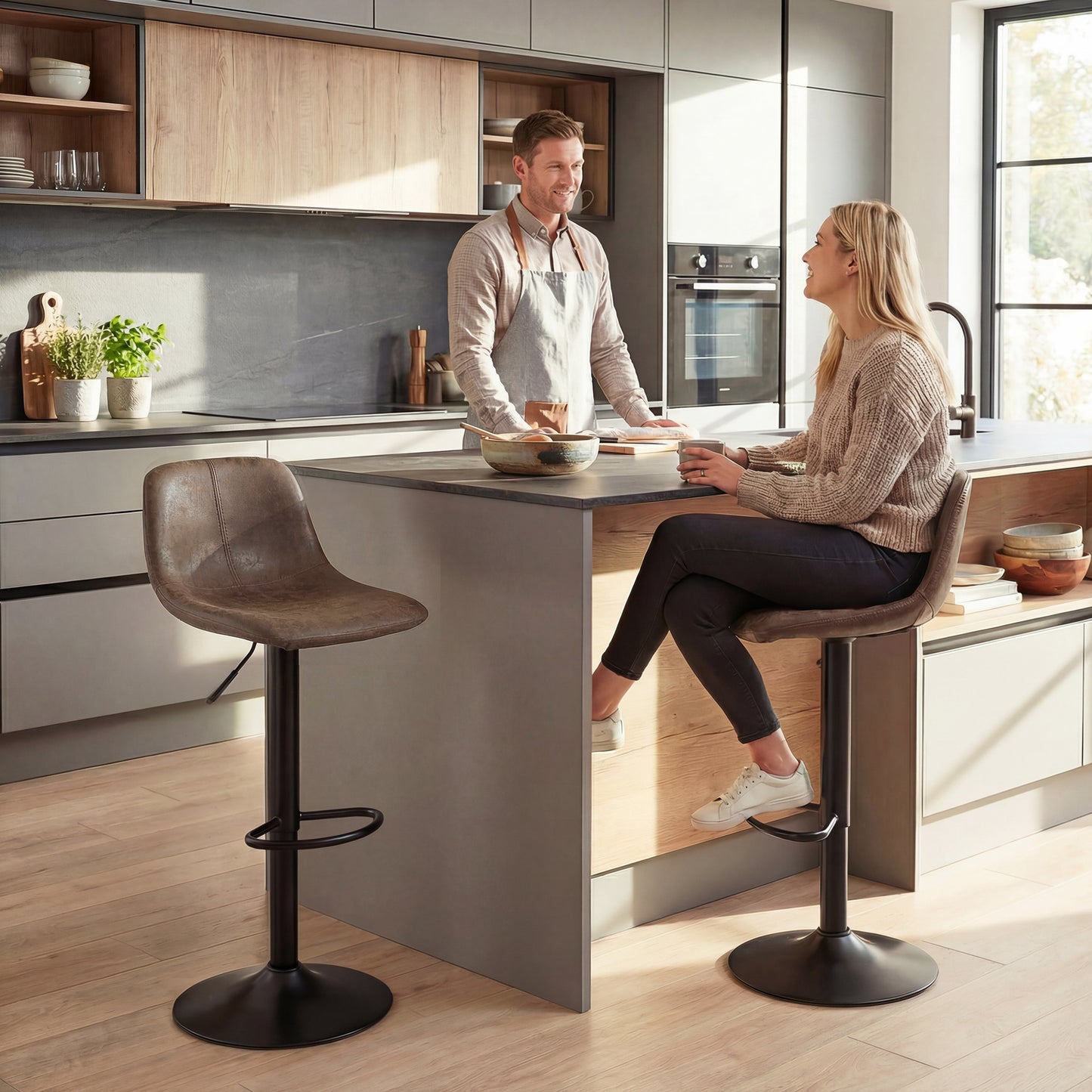 Bar Stools Set of 2, Modern Swivel Barstools for Dining Room, Brown