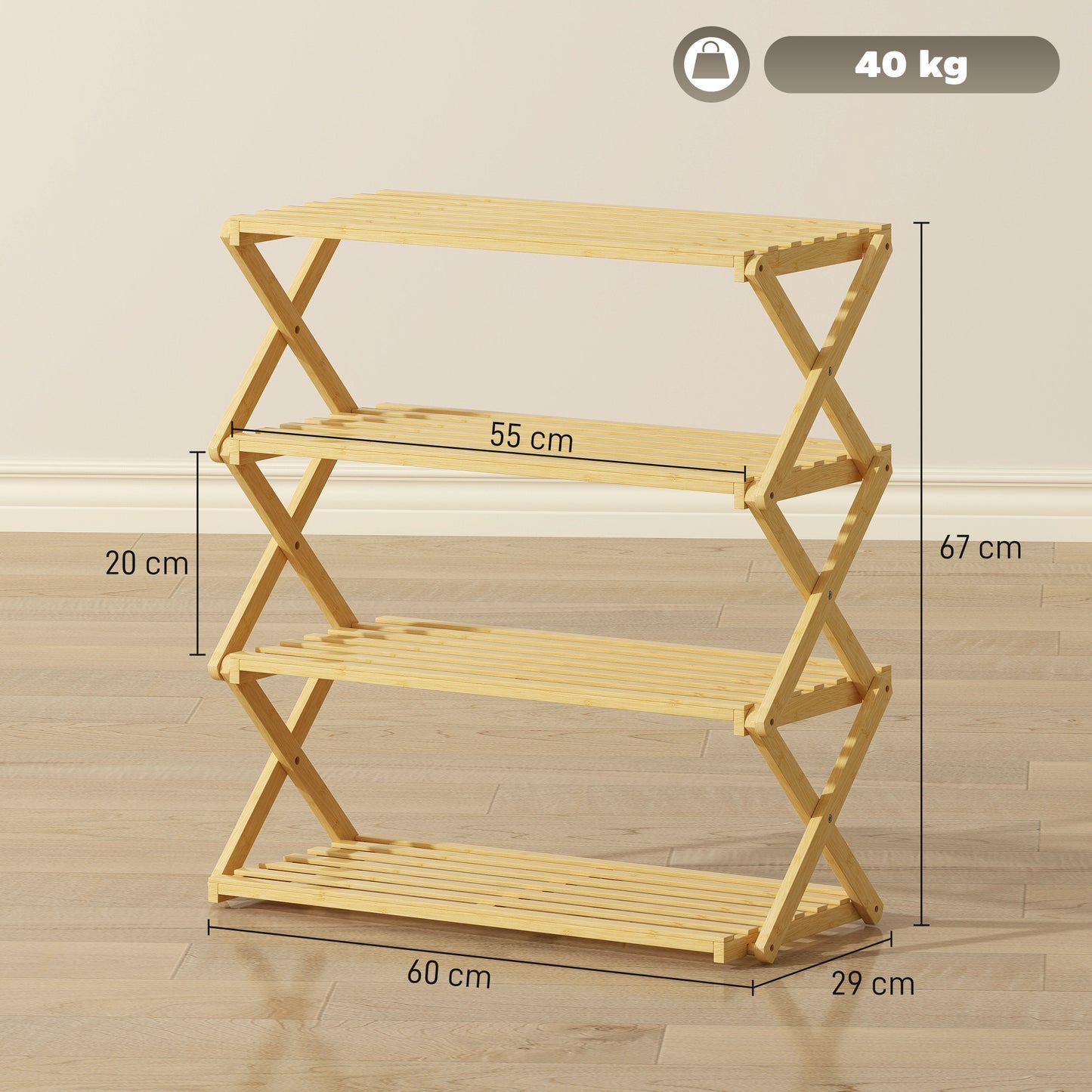 4-Tier Bamboo Shoe Rack, Folding Shoe Shelf, Holds up to 12 Pairs