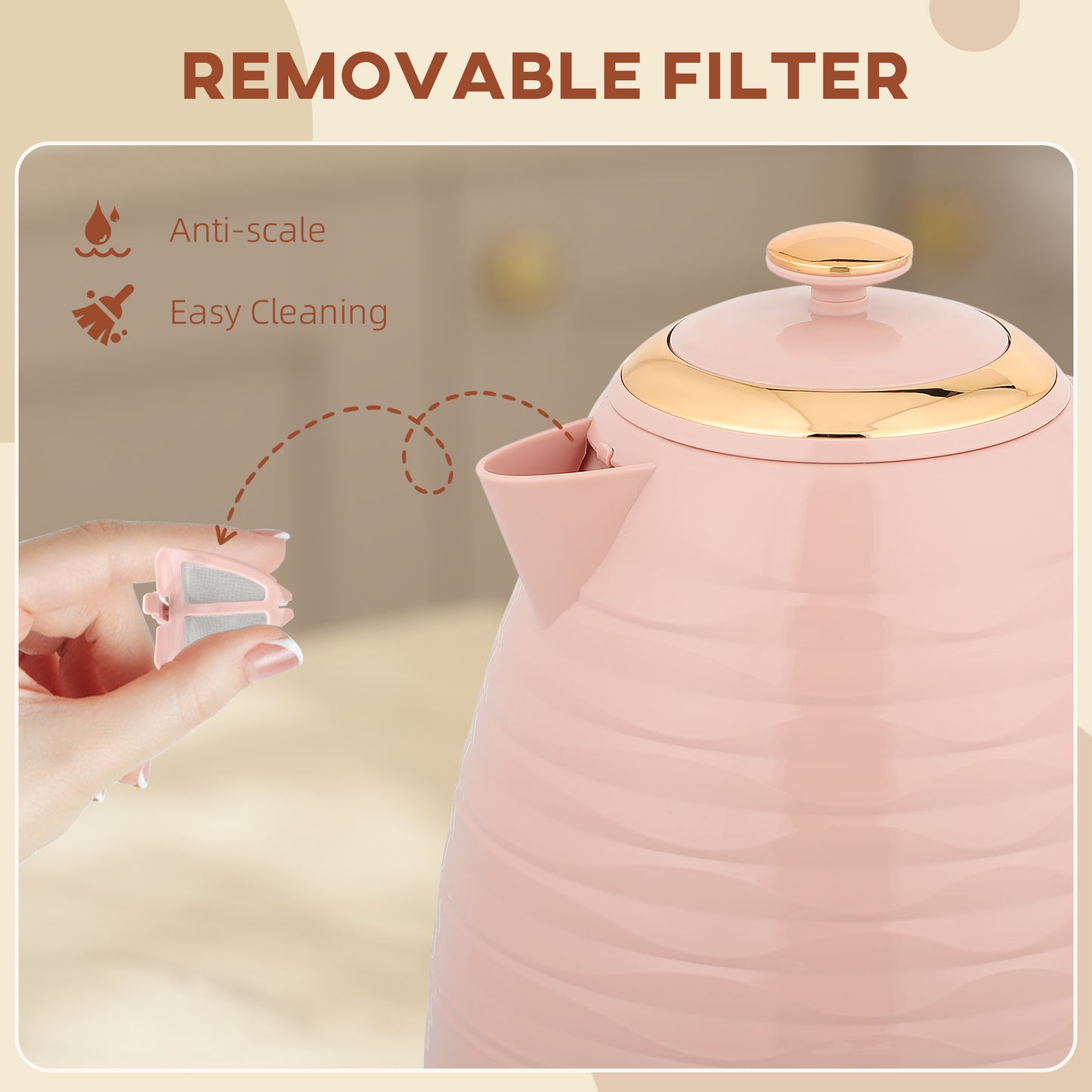 Electric Kettle, Fast Boil, 1.7L, 3kW, Swivel, Pink Ripple