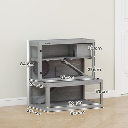3 Tier Wooden Hamster Cage with Hut, Wheel, Ramps, 80 x 50 x 84 cm