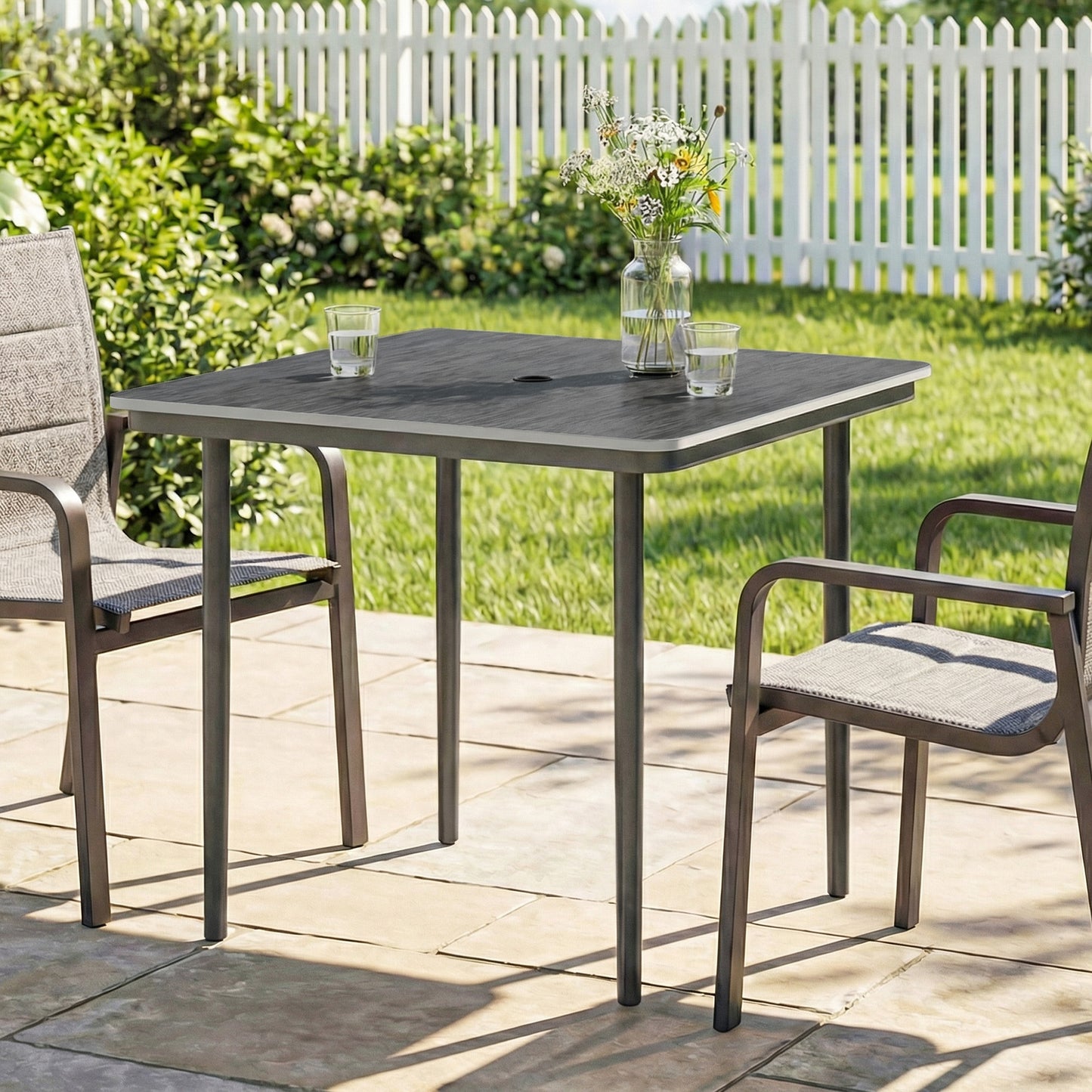 Garden Dining Table, Outdoor Table with Umbrella Hole, Dark Grey