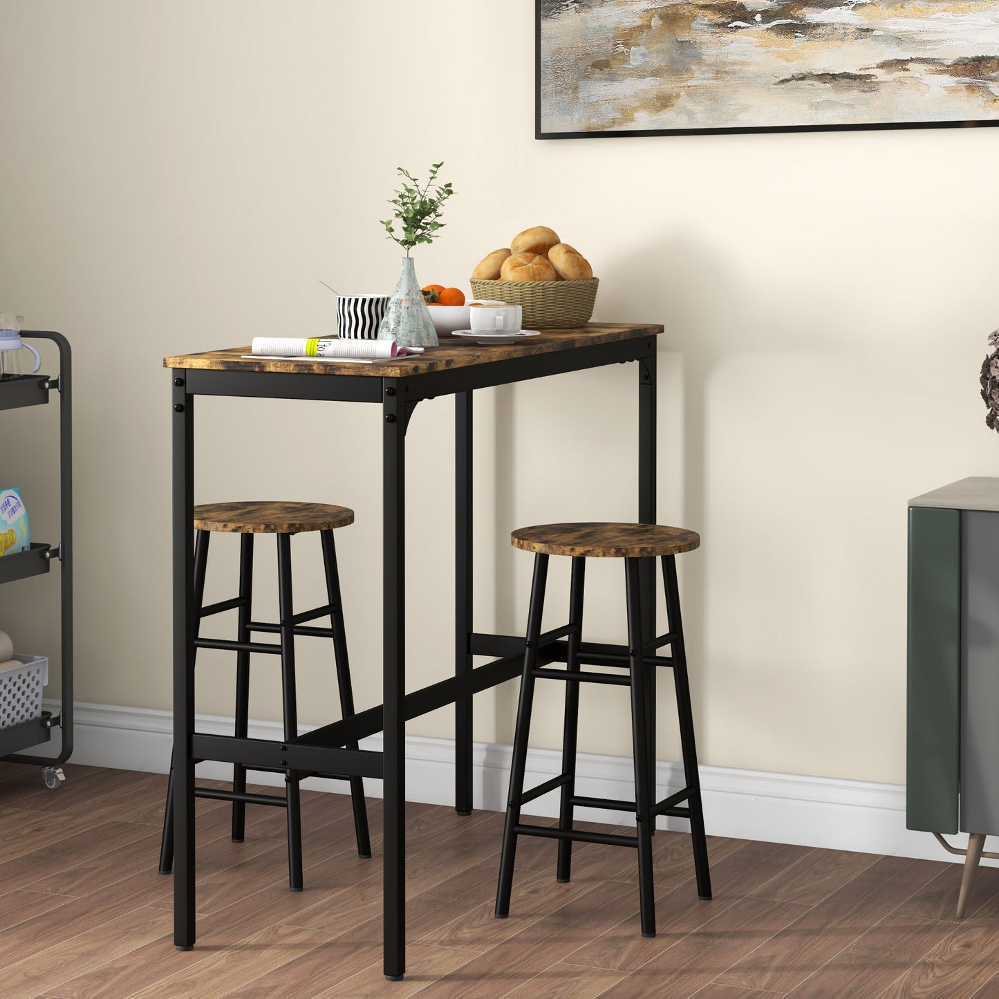 3 Piece Bar Set, Industrial Kitchen and Chair Set Rustic Brown