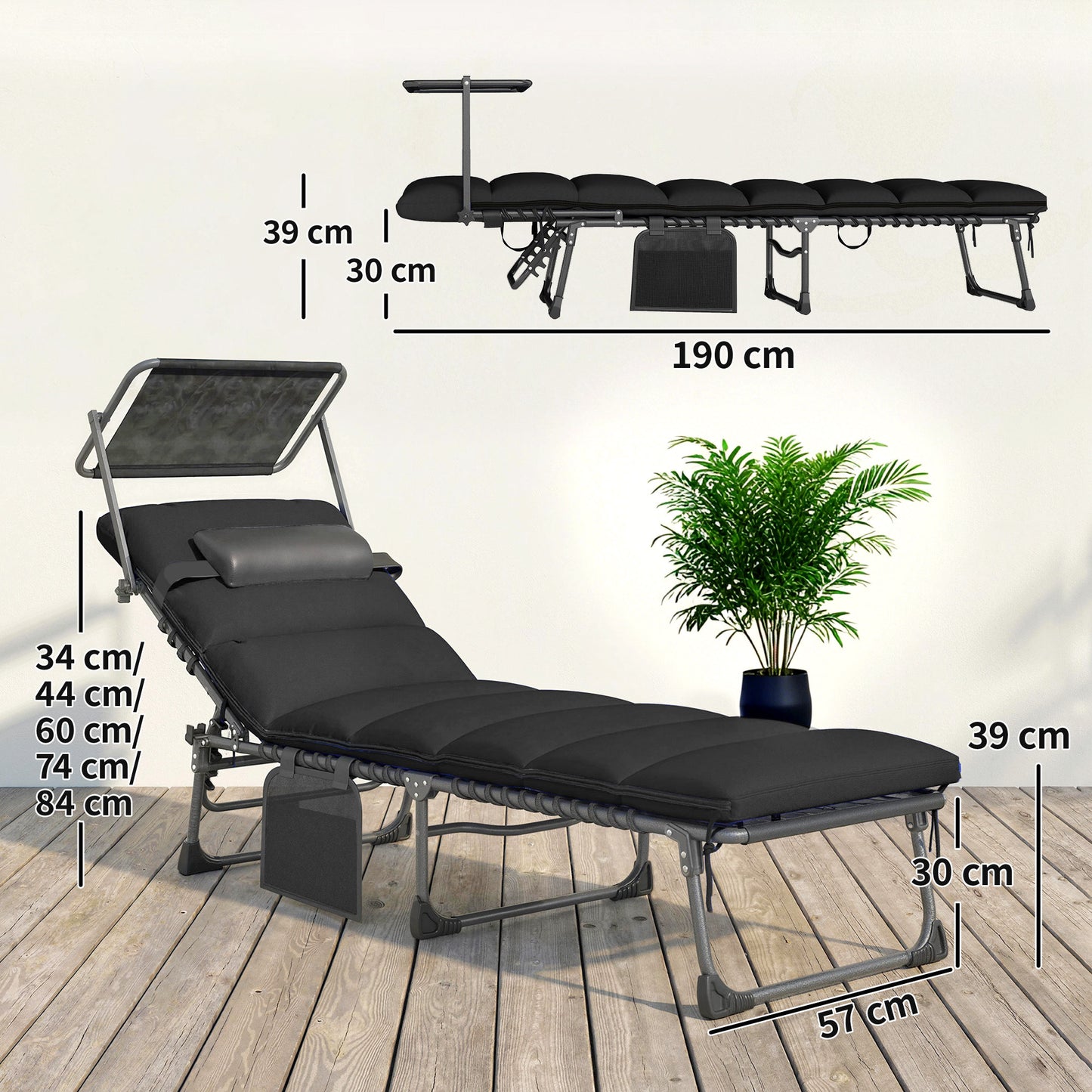 Folding Sun Loungers Set of 2, Sun Bed with Canopy, Black
