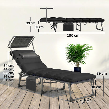 Folding Sun Loungers Set of 2, Sun Bed with Canopy, Black