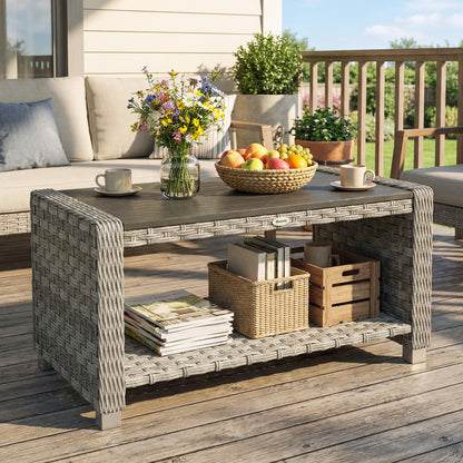 Outdoor Coffee Table with Storage Shelf and Slatted Top, Grey