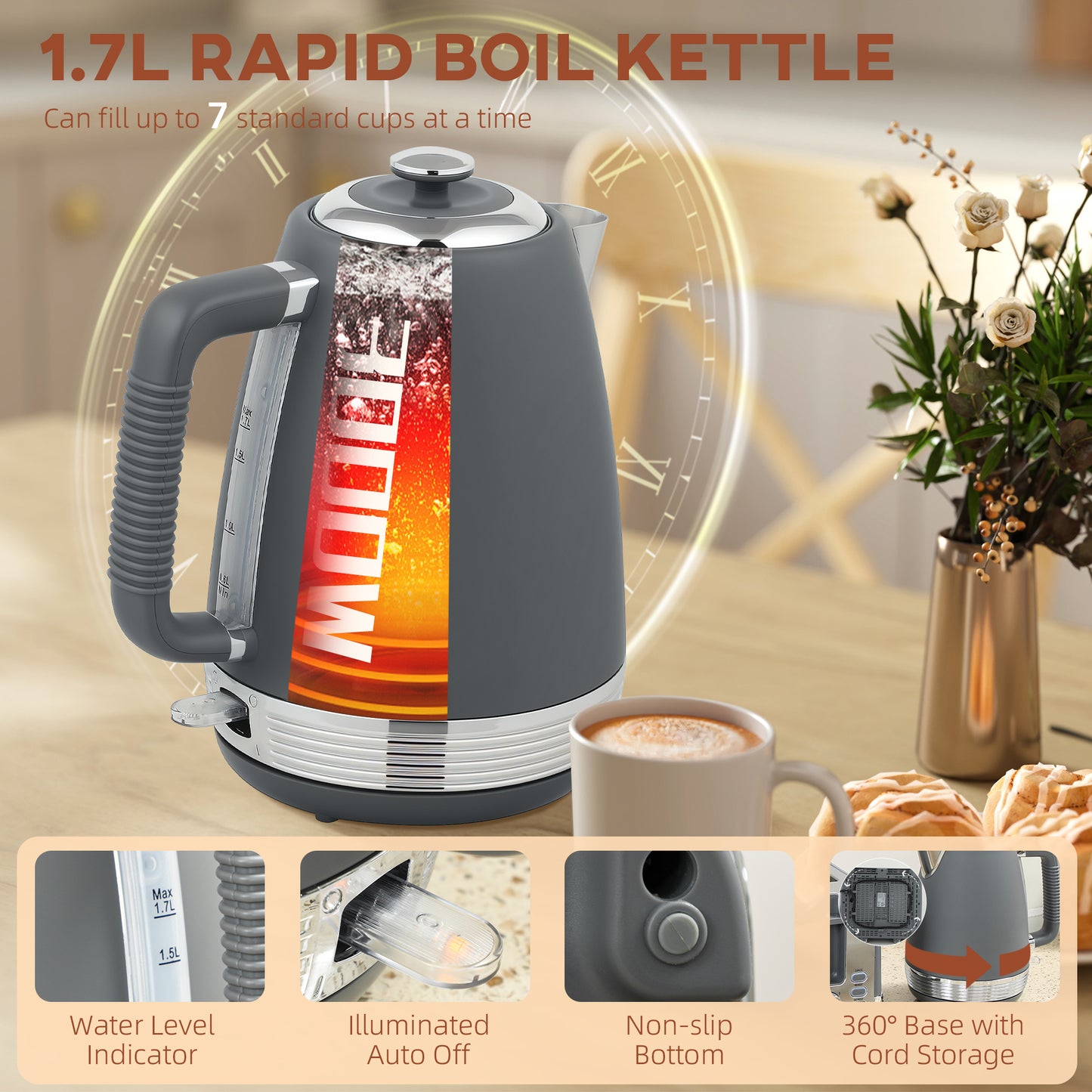 1.7L 3000W Quick Boil Kettle and 4 Slice Toaster Set Crumb Tray Grey