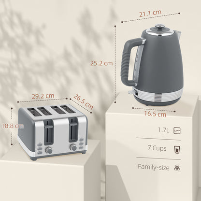 1.7L 3000W Quick Boil Kettle and 4 Slice Toaster Set Crumb Tray Grey