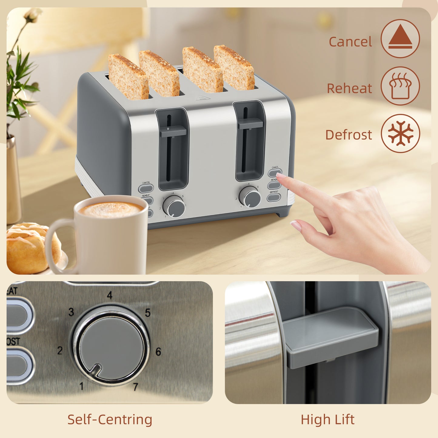 1.7L 3000W Quick Boil Kettle and 4 Slice Toaster Set Crumb Tray Grey