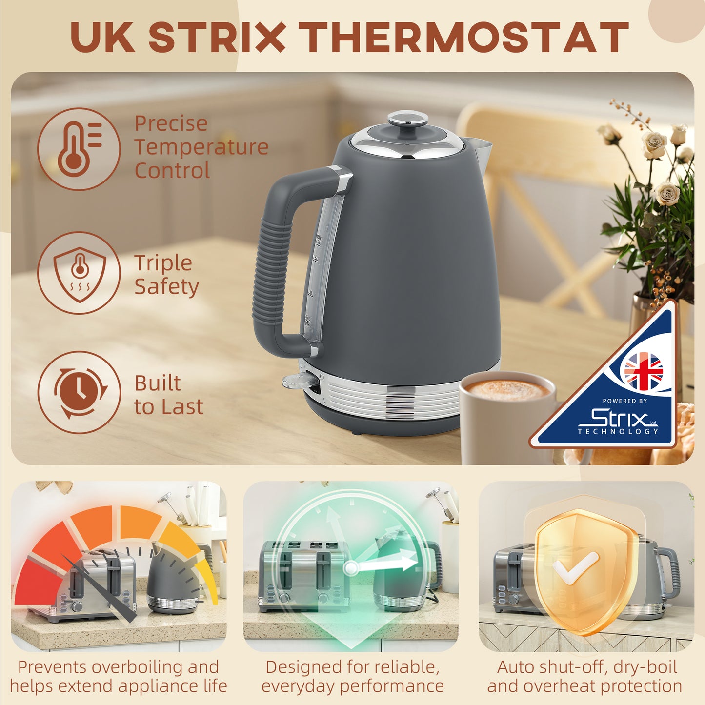 1.7L 3000W Quick Boil Kettle and 4 Slice Toaster Set Crumb Tray Grey