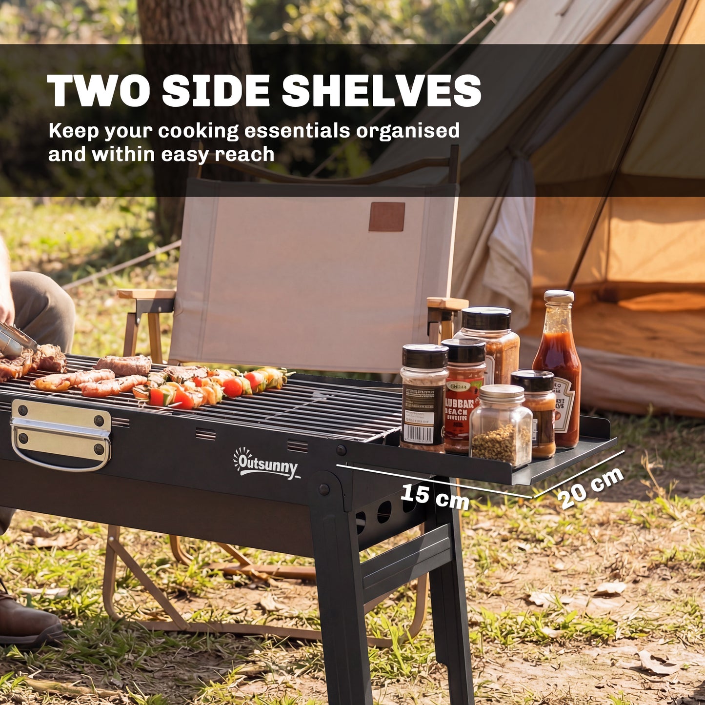 BBQ Grill, Charcoal Barbecue with 2 Side Shelves and Handle, Black