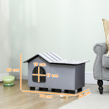 Outdoor Cat House, Weatherproof Feral Cat Cave with Elevated Base and Cushion for Winter, Pet House with Top Platform for Indoor Outdoor, Grey