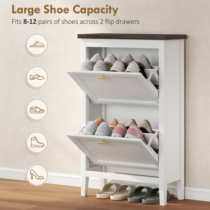 Shoe Cabinet with 2 Flip Drawers, Narrow Shoe Storage Cabinet, White