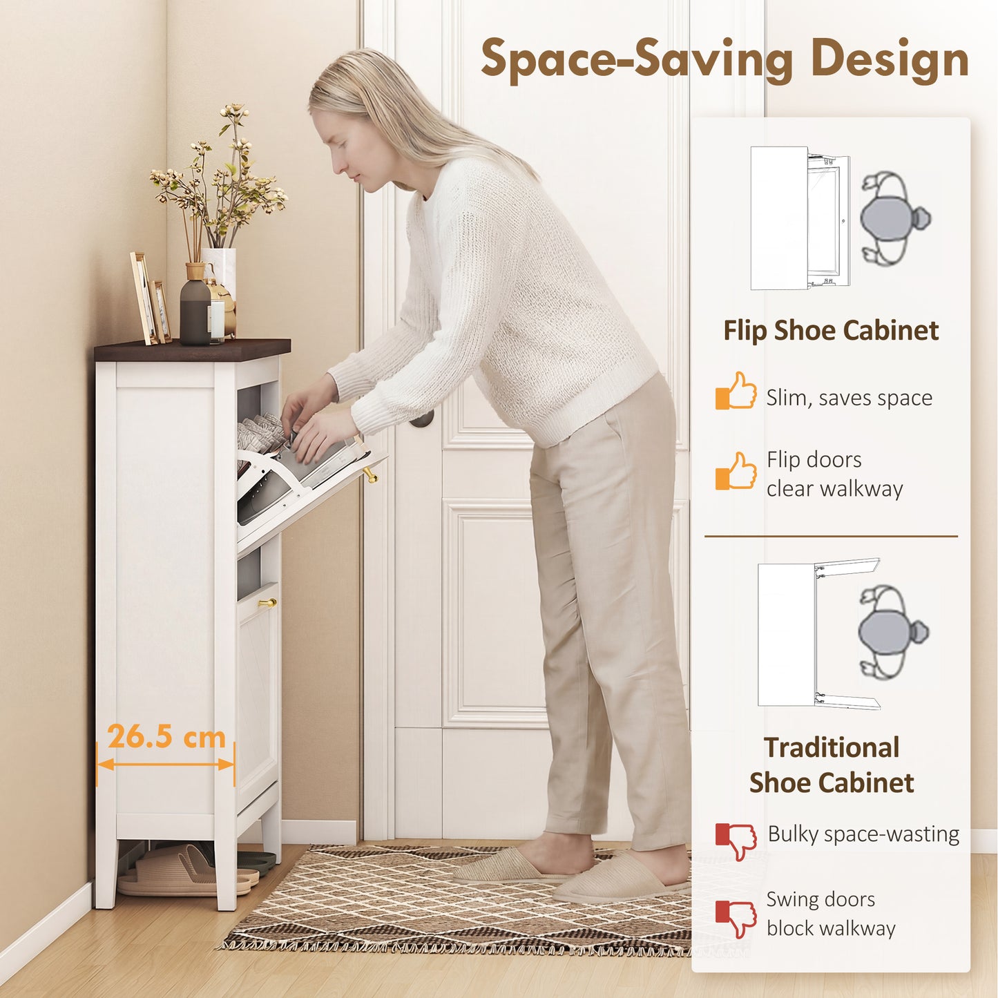 Shoe Cabinet with 2 Flip Drawers, Narrow Shoe Storage Cabinet, White