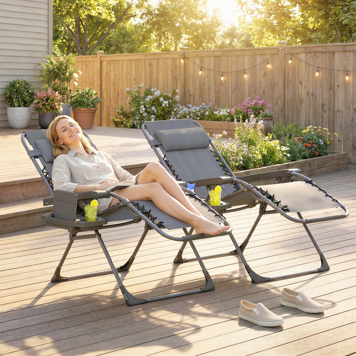 Zero Gravity Chairs Set of 2 with Cup Holder, Headrest, Dark Grey