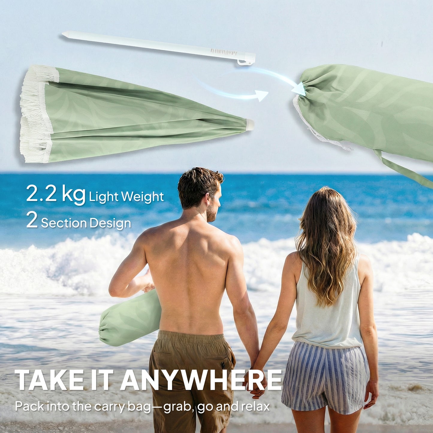 1.8 m Beach Umbrella Parasol with Sand Anchor, 30 Tilt, Green