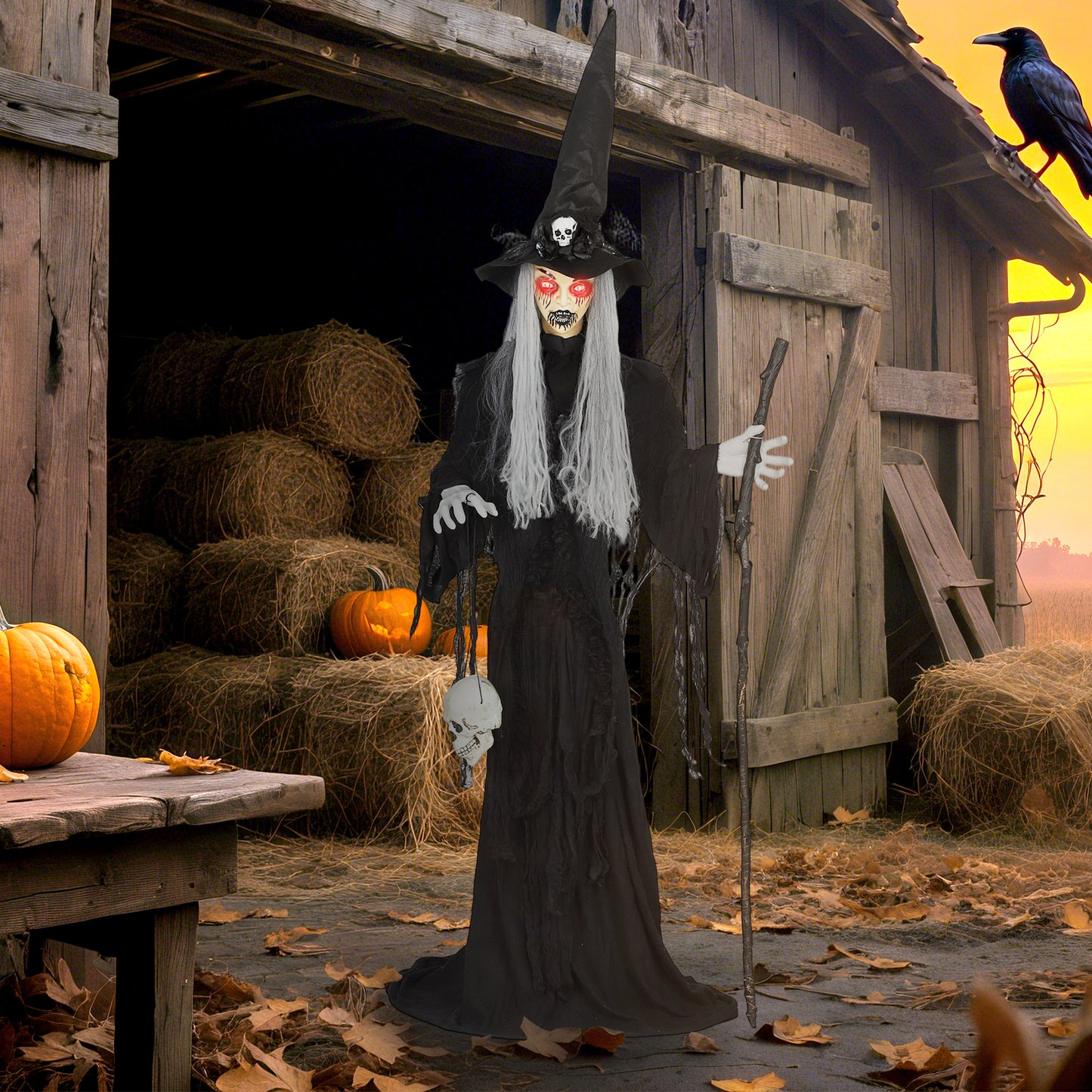 Voice Activated Halloween Animatronics Standing Witch, Black