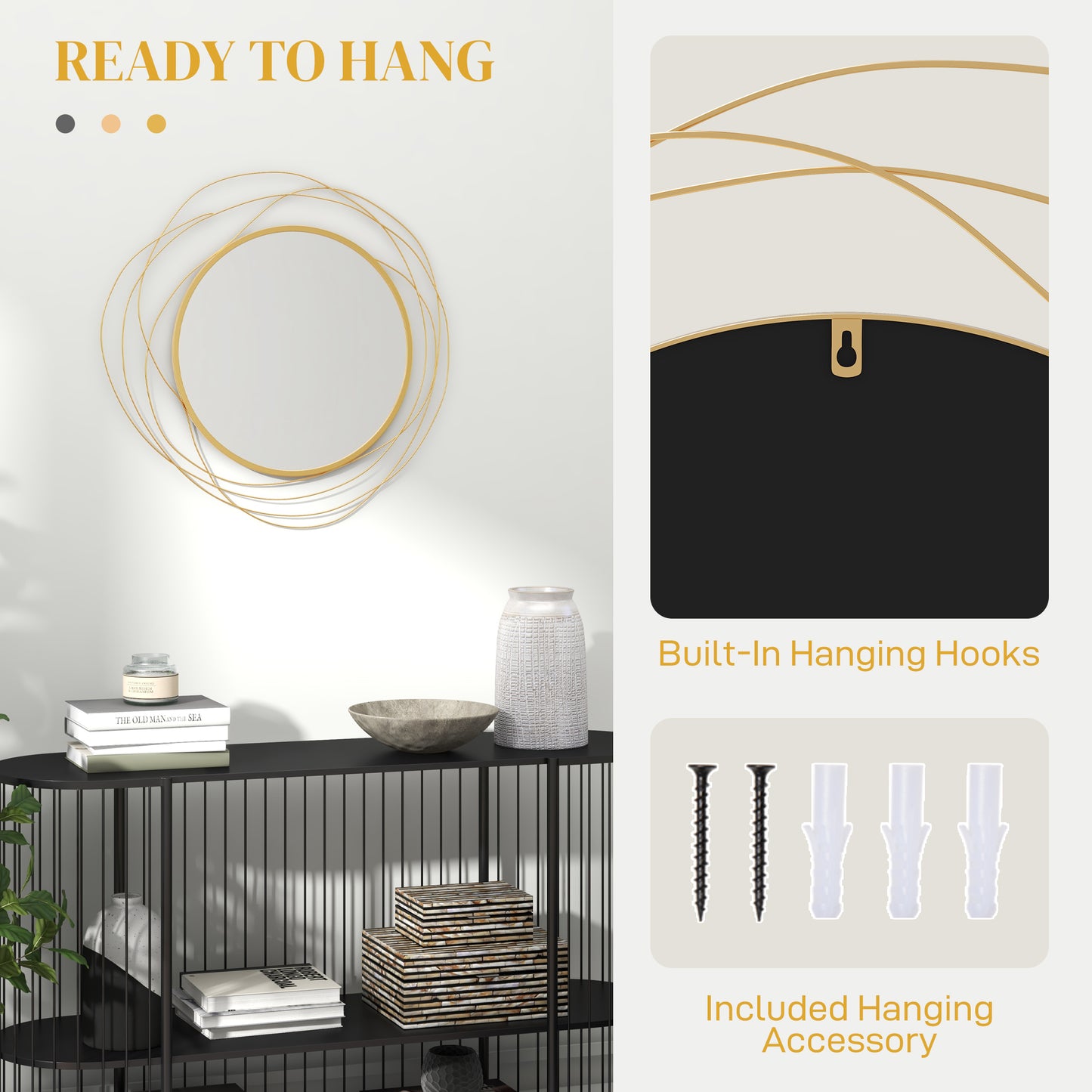 Metal Wall Art 65cm Round Mirror for Living Room Dining Room Gold Tone