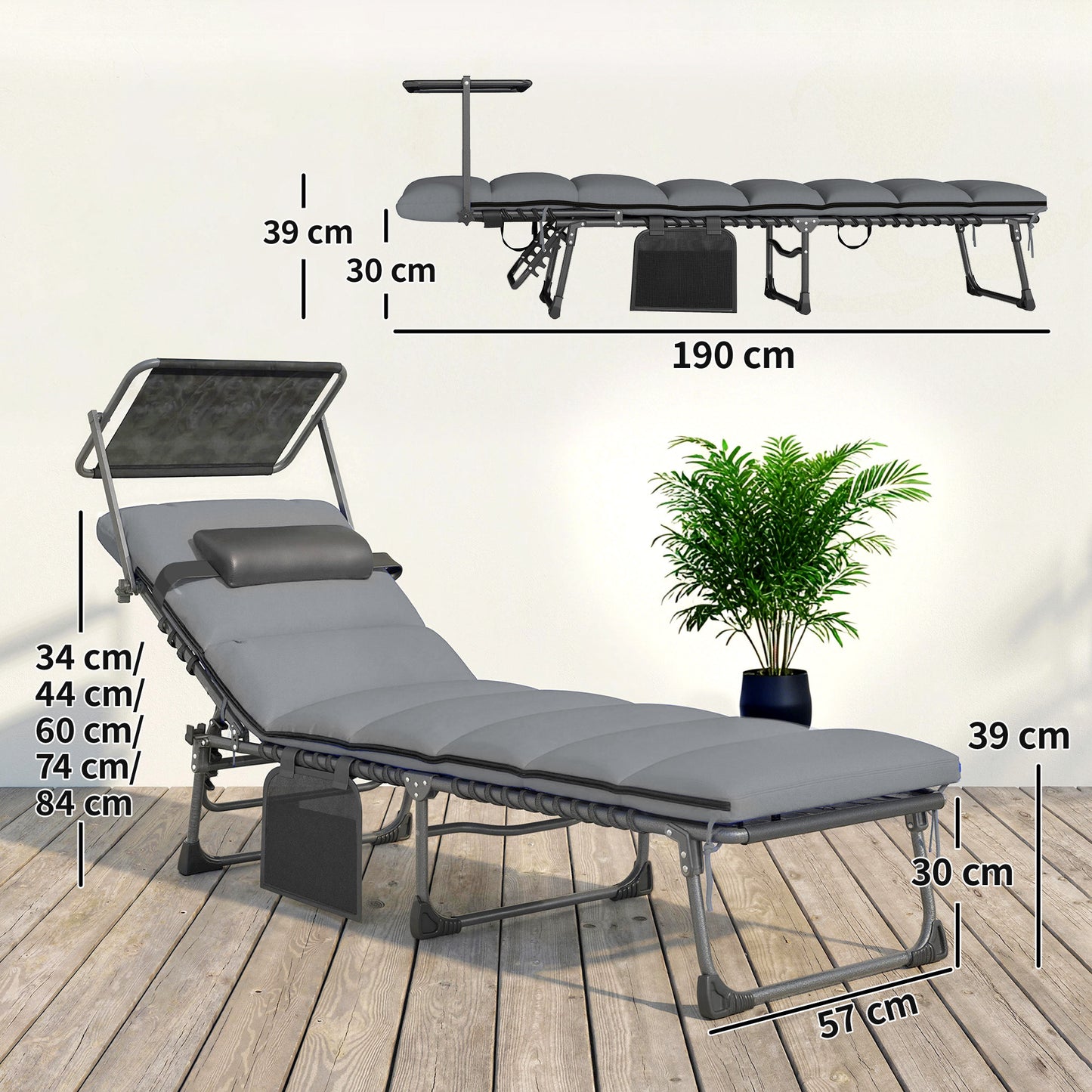 Folding Sun Loungers Set of 2, Sun Bed with Canopy, Light Grey