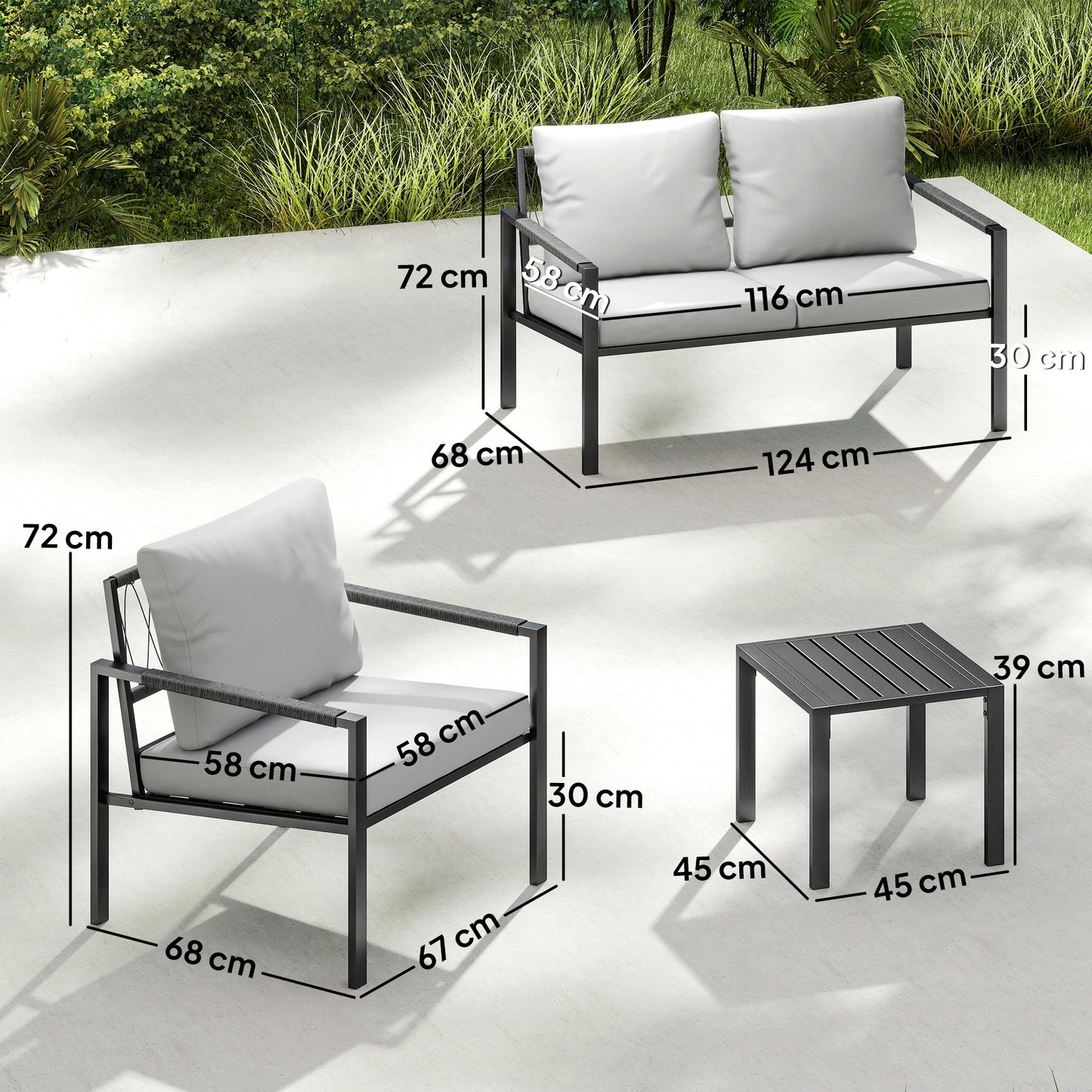 5 Piece Metal Garden Furniture Sofa Set with Cushions, Light Grey