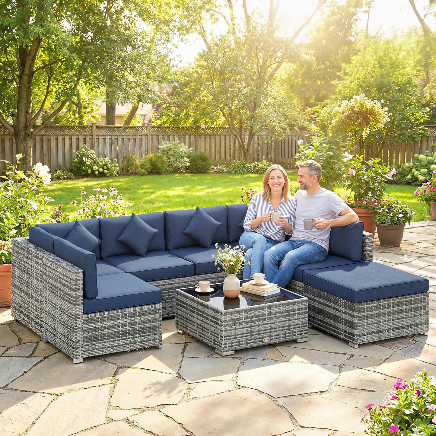 8 Pieces Patio Rattan Sofa Set, Garden Furniture Set Dark Blue